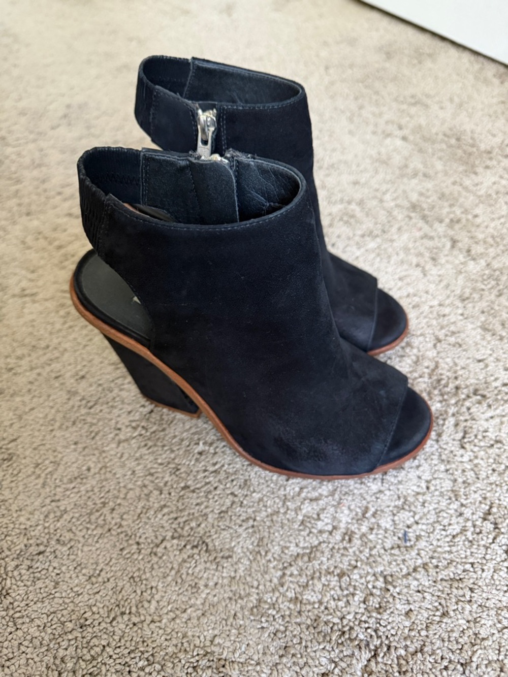 Black Suede Peep-Toe Wedge Booties